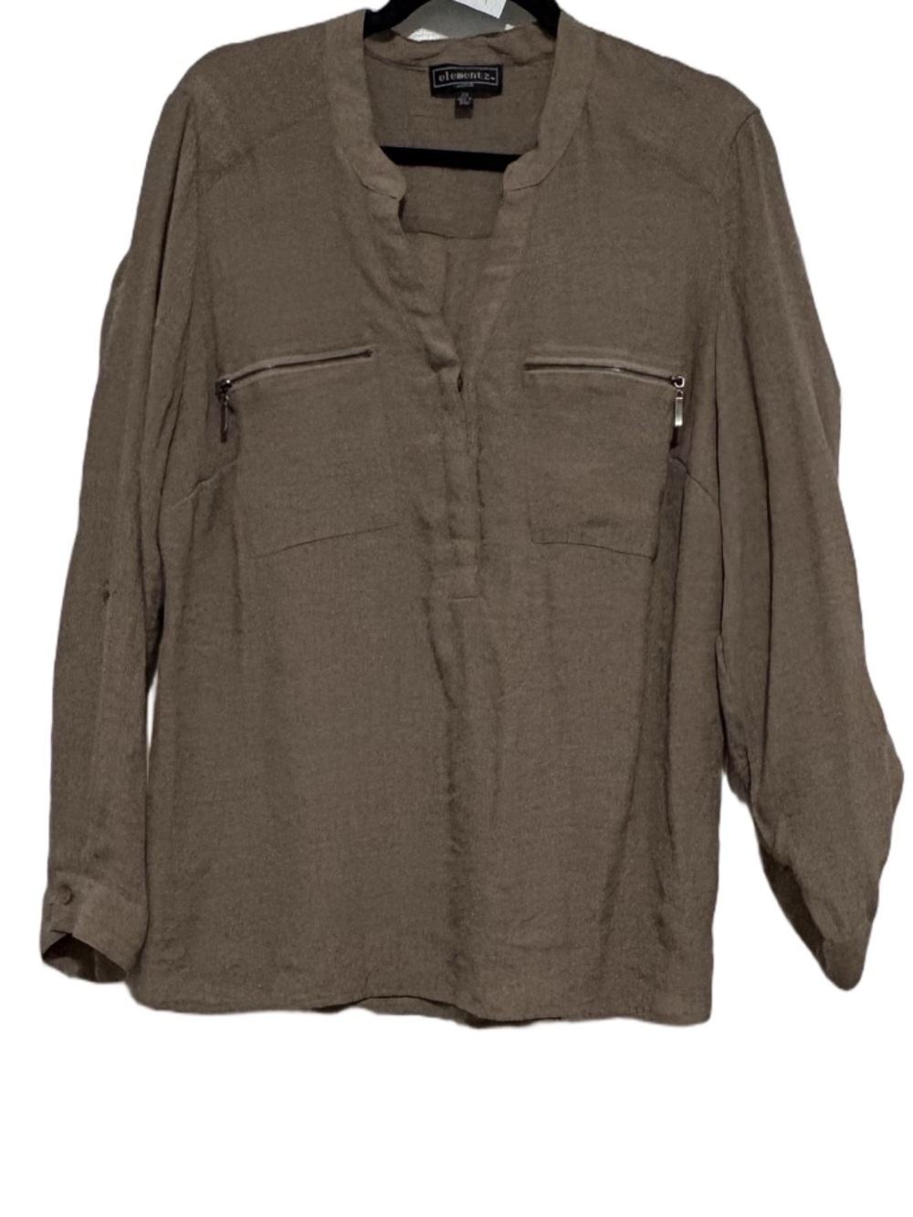 Elementz Olive-Taupe V-Neck Roll-Sleeve Blouse with Zip Pockets